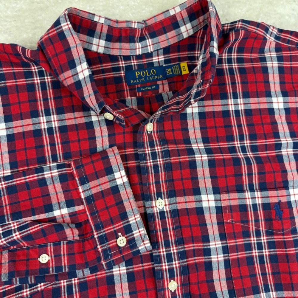 Polo Ralph Lauren Button Down Men 2XB Red Navy White Plaid Classic Fit LS Shirt